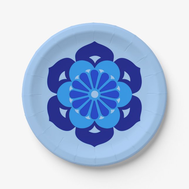 Prato De Papel Mandala da Flor de Lótus, Índigo e Azul Claro (Frente)