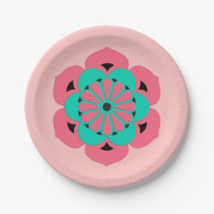 Prato De Papel Mandala da flor de Lotus, rosa coral e turquesa