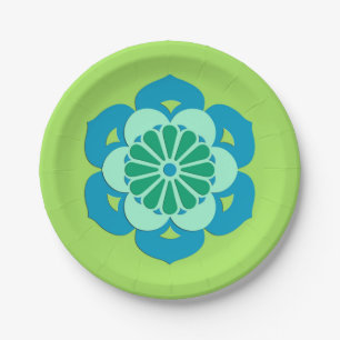 Prato De Papel Mandala da flor de Lotus, verde limão e luz - azu