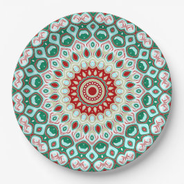 Prato De Papel Mandala de Feriado em Vermelho, Verde e Branco de