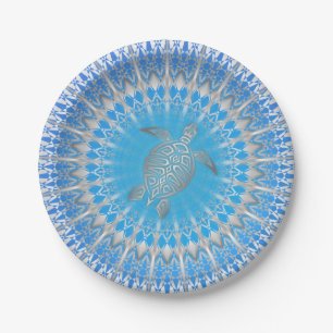 Prato De Papel Mandala de prata roxa da tartaruga de turquesa