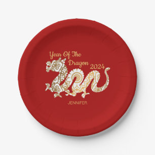 Prato De Papel Mandala Dragon 2024 Vermelho de Ano Novo chinês