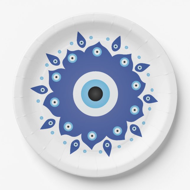 Prato De Papel Mandala Grego Mau Azul Branco (Frente)