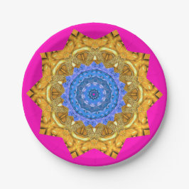 Prato De Papel Mandala Magic Blue e Dourado em Fuchsia