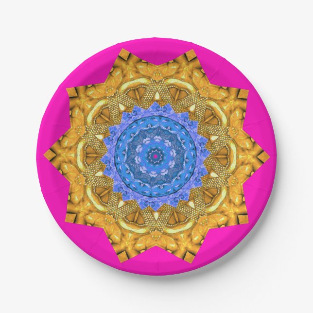 Prato De Papel Mandala Magic Blue e Dourado em Fuchsia (Frente)