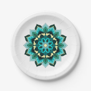 Prato De Papel Mandala Padrão 02 em aqua