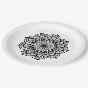 Prato De Papel Mandala Preto em Fundo Branco