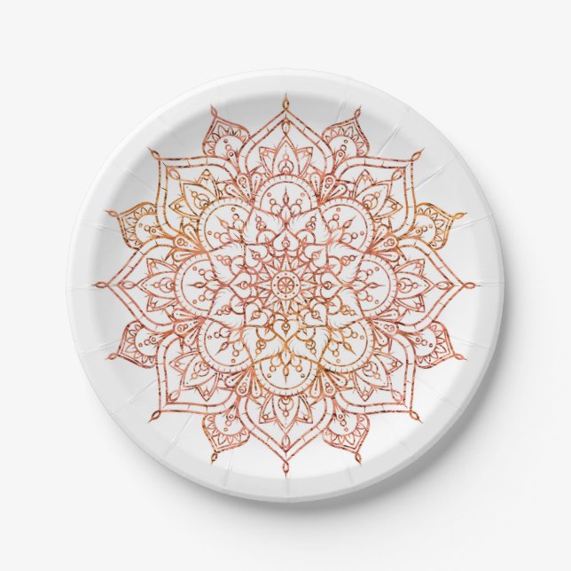 Prato De Papel Mandala Rosa e Laranja em Glam Branco (Frente)