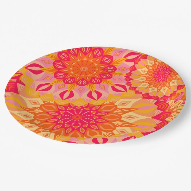 Prato De Papel Mandala Sobreposta Laranja Rosa Amarelo (Inclinado)