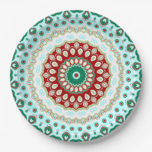 Prato De Papel Mandalas de Natal em Vermelho, Verde e Azul Gélido