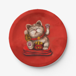Prato De Papel Maneki-neko Beckoning em vermelho