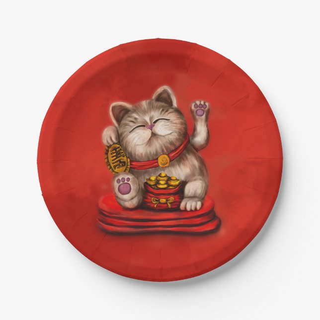 Prato De Papel Maneki-neko Beckoning em vermelho (Frente)