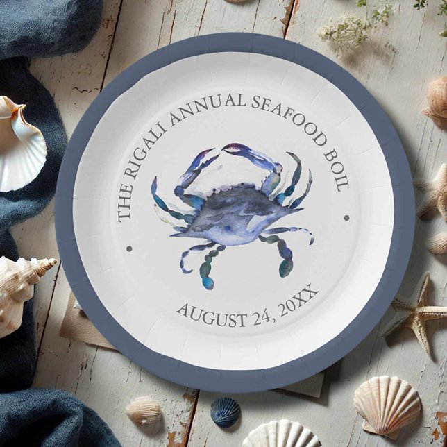 Prato De Papel Manjericão Tradicional do Caranguejo Meridional (Blue crab party theme paper plates for a low country boil watercolor by Victoria Grigaliunas)