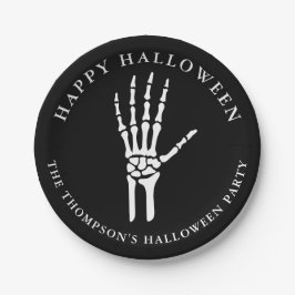 Prato De Papel Mão de Esqueleto Silhueta em Preto Feliz Halloween