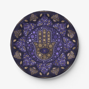 Prato De Papel Mão de Hamsa - Mão de Fátima em Lotus mandala