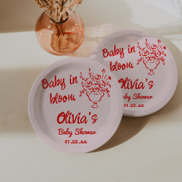 Prato De Papel Mão Desenhada Vermelha Buquê Floral Bebê Em Chá De