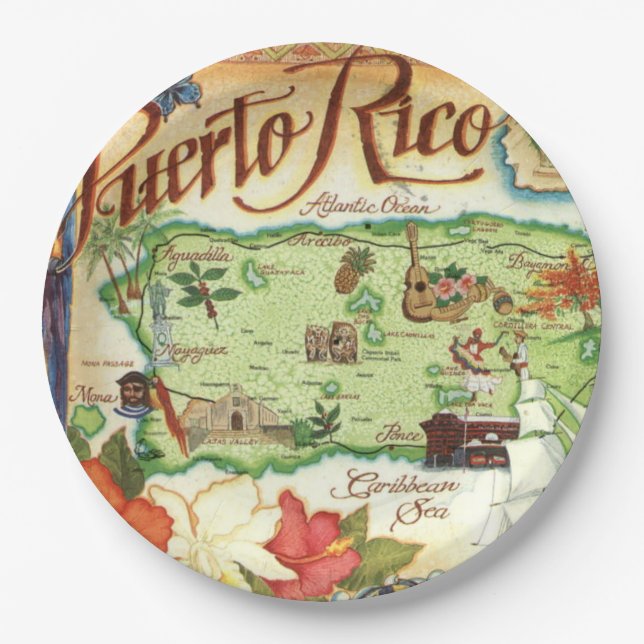 Prato De Papel Mapa de Porto Rico (Frente)