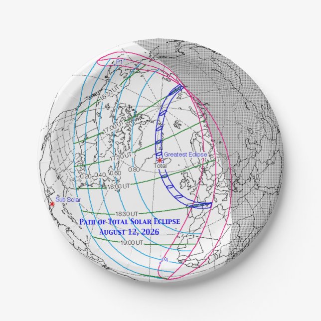 Prato De Papel Mapa do Eclipse Solar Total de 2026 (Frente)
