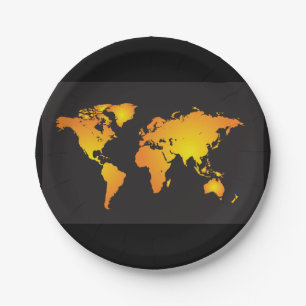 Prato De Papel Mapa Mundial Radiante em Laranja e Amarelo