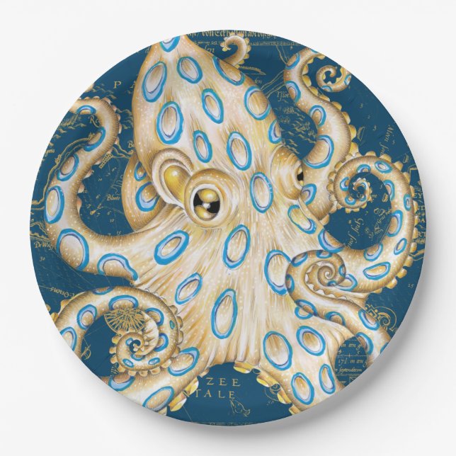 Prato De Papel Mapa náutico do Octopus Indigo do Anel Azul (Frente)