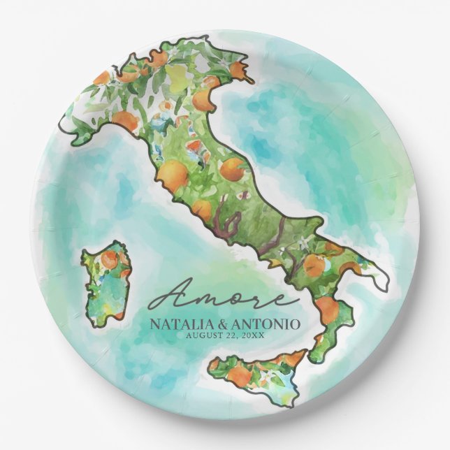 Prato De Papel Mar de Itália | Amore Watercolor Map Wedding (Frente)