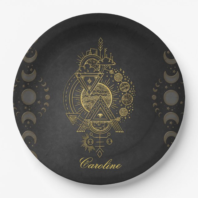Prato De Papel Maravilhoso planeta de fantasia de ouro e lua (Frente)