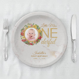 Prato De Papel Marble, Rosa de Foto do Primeiro Aniversário Marbl