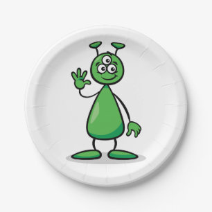 Prato De Papel Marciano Cartoon Alien Verde de Três Olhos