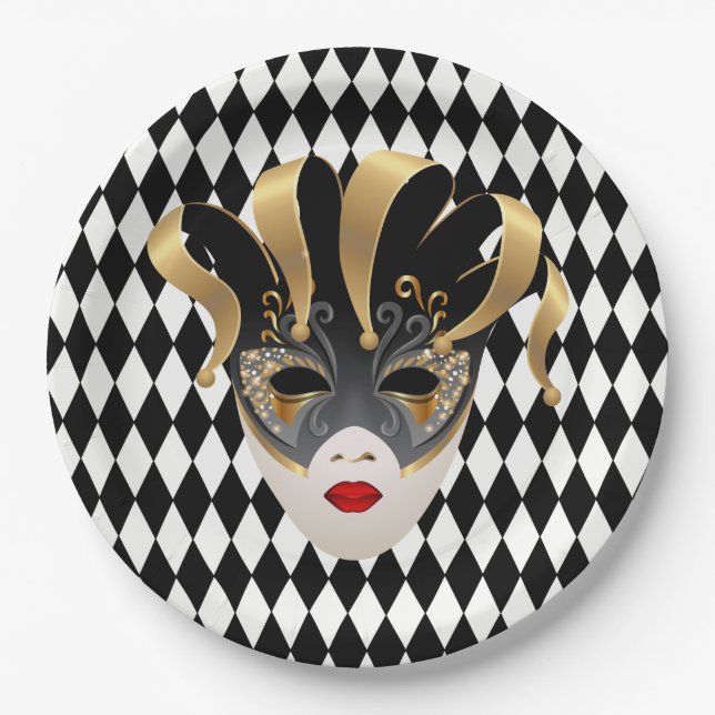 Prato De Papel Mardi Gras Black & White Diamond (Frente)