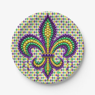 Prato De Papel Mardi Gras fleur de lis, verde-púrpura