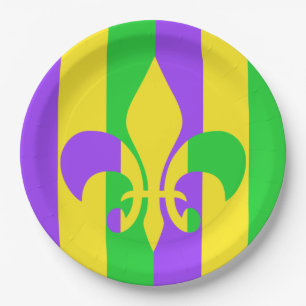 Prato De Papel Mardi Gras Green Yellow Purple Fleur-de-Lis