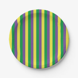 Prato De Papel Mardi Gras Green, Yellow & Purple Stripes