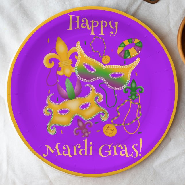 Prato De Papel Mardi Gras Mask Fleur de Lis Miçanga King Cake (Criador carregado)