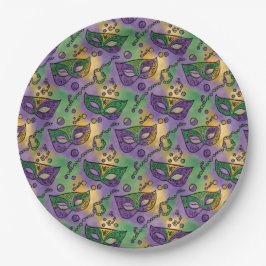 Prato De Papel Mardi Gras Masks and Beads Purple Green Yellow