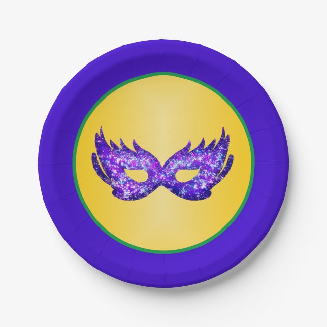 Prato De Papel Mardi Gras Purple Glitter Mask (Frente)