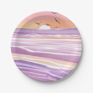Prato De Papel Mares Cor-de-Rosa Ondas do Oceano ao Pôr do Sol