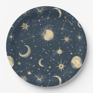 Prato De Papel Marfim Antigo Mapa Celestial da Lua Estrela Azul-M