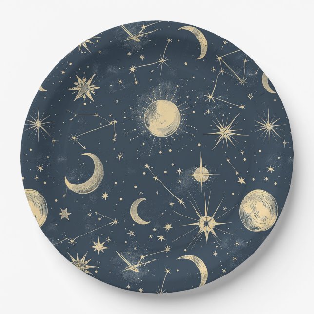 Prato De Papel Marfim Antigo Mapa Celestial da Lua Estrela Azul-M (Frente)