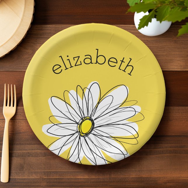 Prato De Papel Margarida Branca e Amarela com Texto Personalizado (Personalized paper plate with a whimsical daisy)