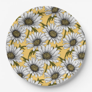 Prato De Papel Margaridas brancas, flores silvestres em amarelo