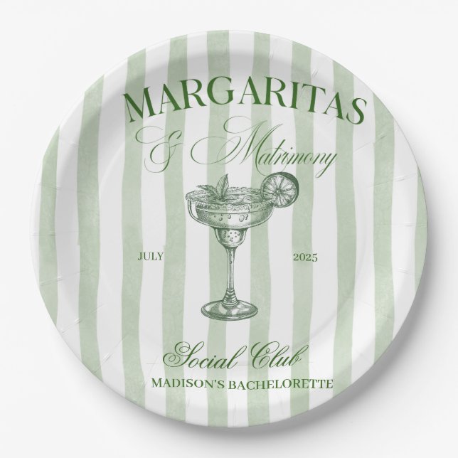 Prato De Papel Margaritas and Matrimony Striped Bachelorette (Frente)