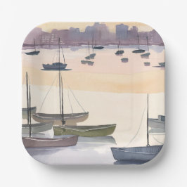 Prato De Papel Marina de Barcos | Baía Oceânica em Aquarela