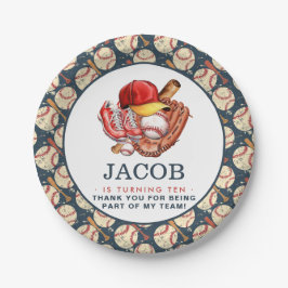 Prato De Papel Marinho Azul Aniversário de criança de Baseball -