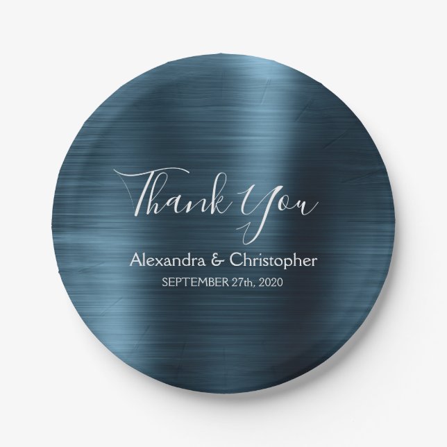 Prato De Papel Marinho Azul Casamento Obrigado (Frente)