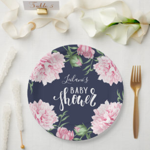 Prato De Papel Marinho Azul Chá de fraldas Pink Peony Floral