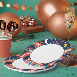 Prato De Papel Marinho azul com fogos de artifício e lua minimali