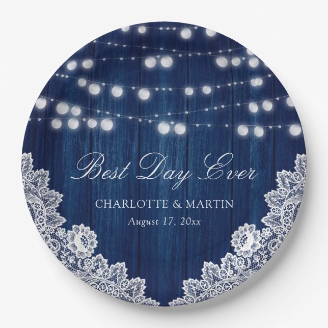 Prato De Papel Marinho Azul Corda Luz Arrendamento Rústico De Mad (Frente)