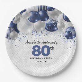 Prato De Papel Marinho Azul Prata Balão Brilhante 80 Aniversário