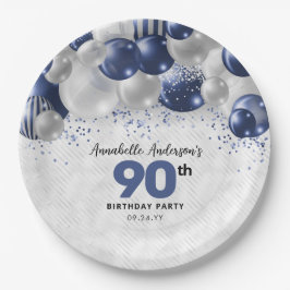 Prato De Papel Marinho Azul Prata Balão Brilhante 90 Aniversário