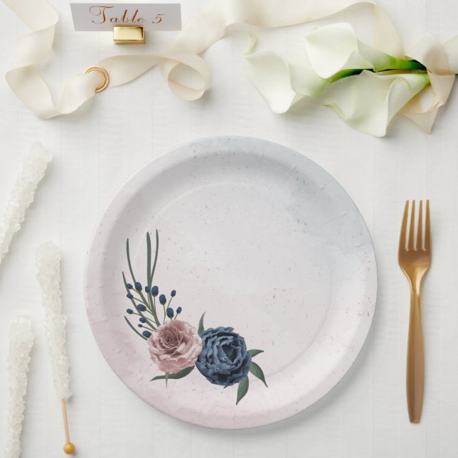 Prato De Papel marinho azul-rosa, poeirento, azul floral, casamen (Casamento)